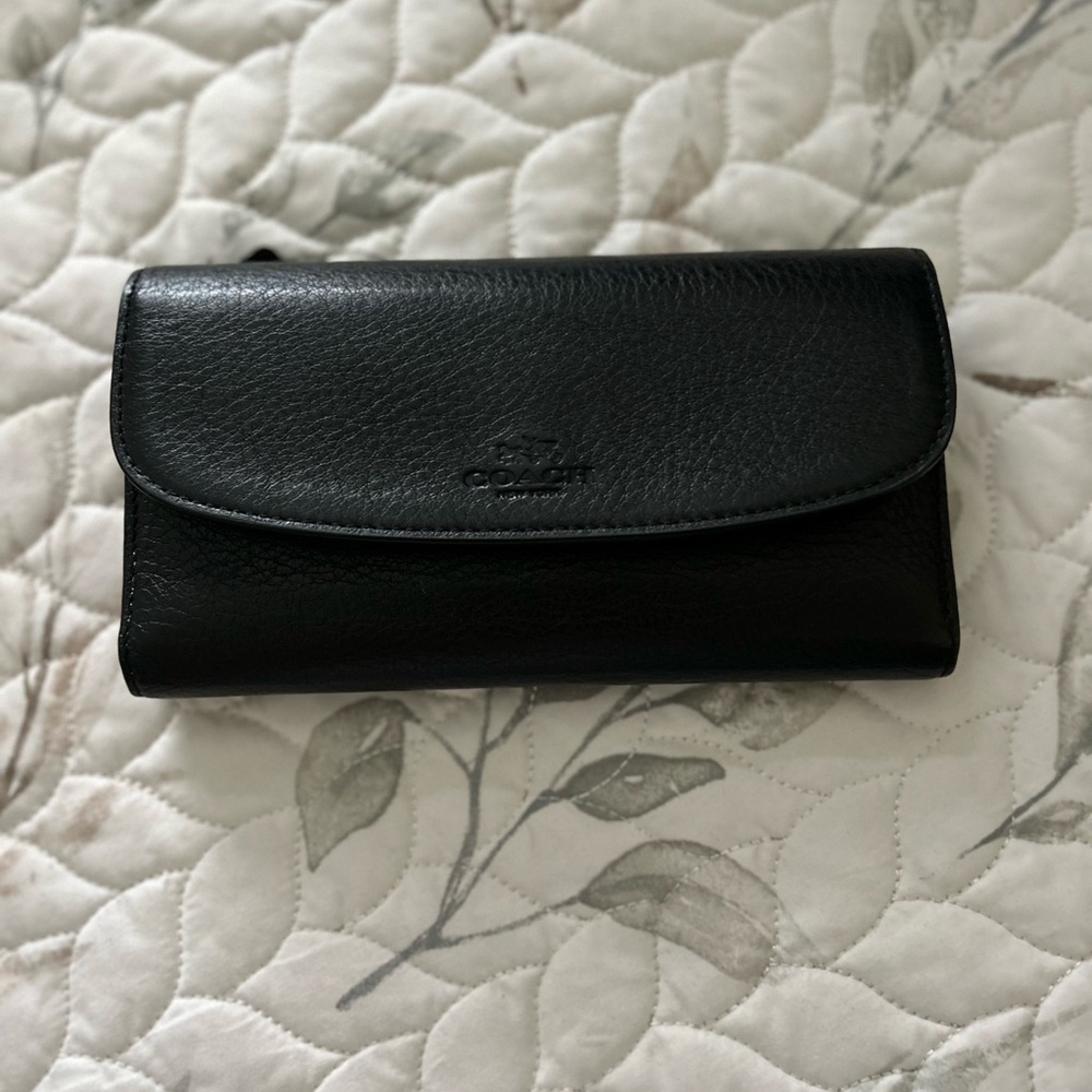 Coach Midnight Black Pebbled Leather Clutch Checkbook Wallet